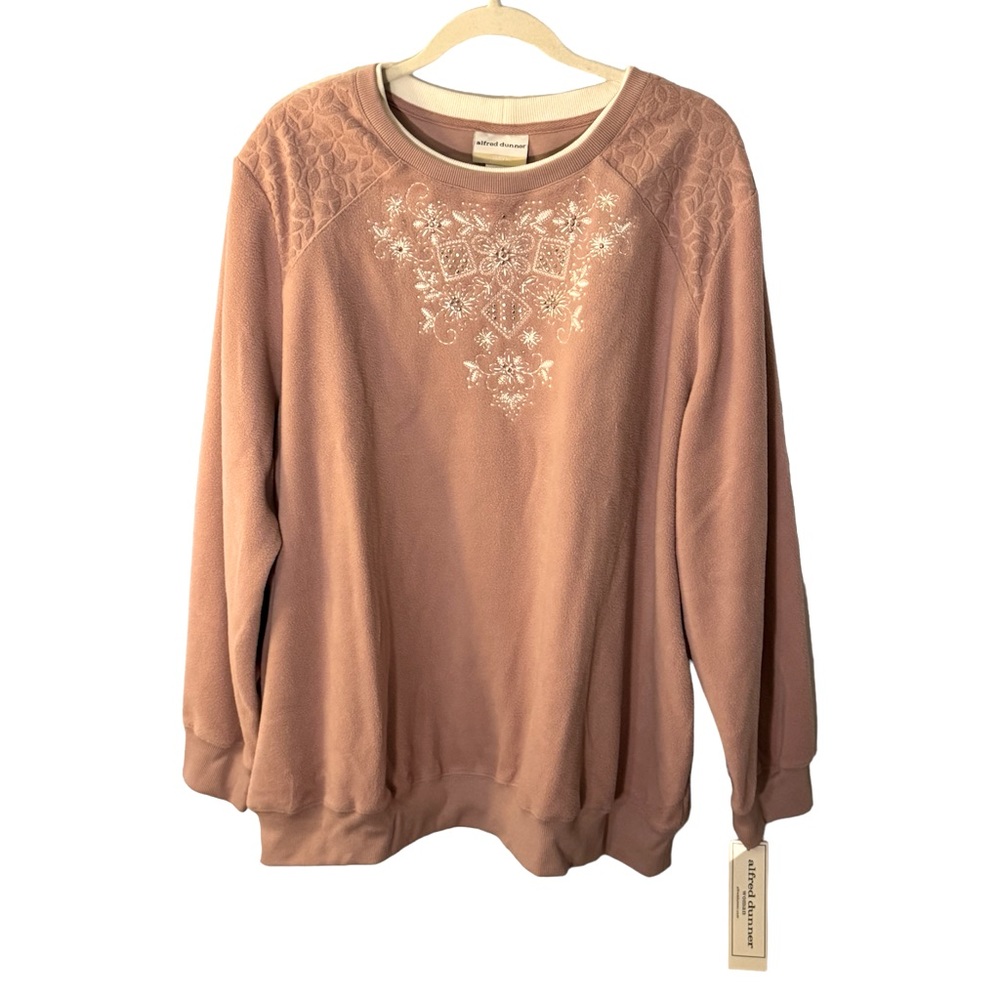 Alfred Dunner Woman Rose Pink Fleece Embroidered Rhinestone Sweatshirt 3X NWT